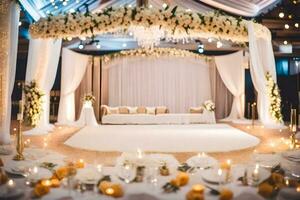 en bröllop reception med vit och guld dekorationer. ai-genererad foto