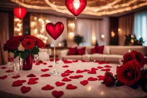 hjärtans dag dekorationer för en romantisk middag. ai-genererad foto
