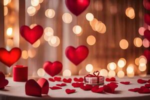 röd hjärtan på en tabell med en låda av choklad. ai-genererad foto