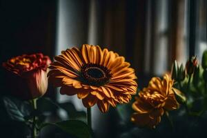 orange blommor i främre av en fönster. ai-genererad foto