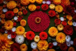 en blomma arrangemang tillverkad av röd, gul och vit blommor. ai-genererad foto