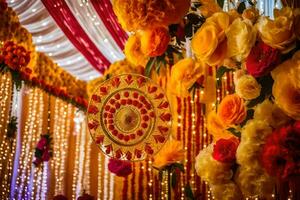 en färgrik bröllop dekoration med blommor och lampor. ai-genererad foto