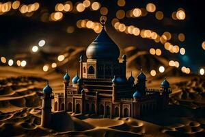en modell av en moské i de öken- på natt. ai-genererad foto