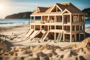 en modell av en hus på de strand. ai-genererad foto
