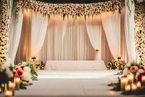 de bröllop ceremoni var hölls i en stor hall med en skede och en stor blommig båge. ai-genererad foto