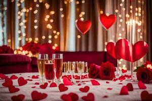 hjärtans dag tabell miljö med röd hjärtan och champagne glasögon. ai-genererad foto