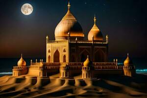 de måne är lysande över en sand dyn med en slott i de bakgrund. ai-genererad foto