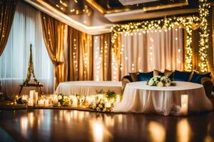 bröllop reception i en balsal med ljus och lampor. ai-genererad foto