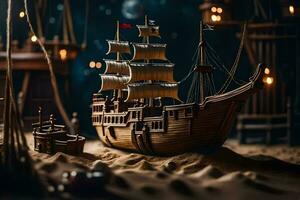 en modell av en pirat fartyg i en mörk rum. ai-genererad foto