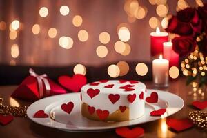 en kaka med hjärtan på den sitter på en tallrik. ai-genererad foto
