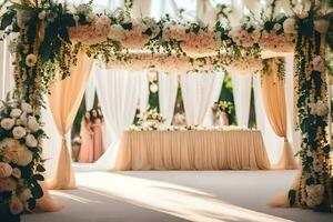 en bröllop ceremoni med en blommig båge. ai-genererad foto