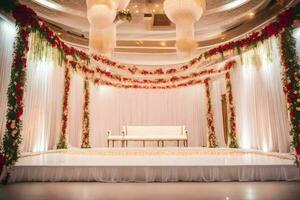 en bröllop skede dekorerad med blommor och ljuskronor. ai-genererad foto