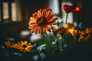 orange blommor i en vas på en mörk bakgrund. ai-genererad foto