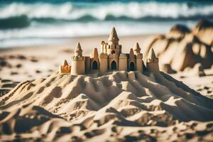 en sand slott på de strand. ai-genererad foto