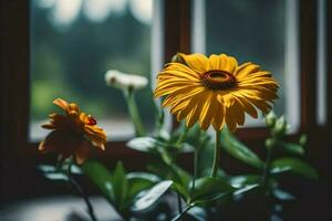 gul blommor i främre av en fönster. ai-genererad foto