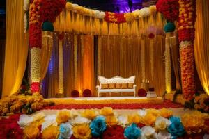 ett indisk bröllop skede dekorerad med blommor. ai-genererad foto
