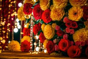 en färgrik arrangemang av blommor i främre av en vägg. ai-genererad foto