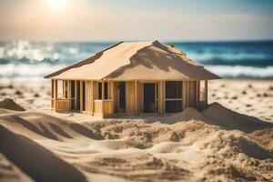 en små trä- hus sitter på de sand i främre av de hav. ai-genererad foto