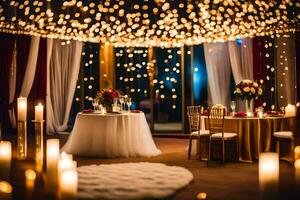en bröllop reception är uppsättning upp med ljus och lampor. ai-genererad foto