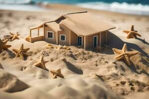 en strand hus med stjärnor i de sand. ai-genererad foto