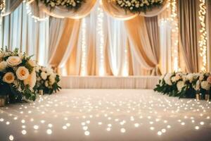 en bröllop ceremoni med vit blommor och lampor. ai-genererad foto
