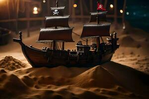 en pirat fartyg är i de sand på natt. ai-genererad foto
