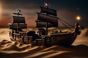 en pirat fartyg i de öken. ai-genererad foto
