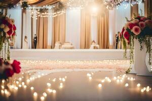 en bröllop ceremoni med ljus och blommor. ai-genererad foto