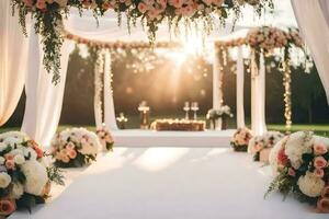 ett utomhus- bröllop ceremoni med blommor och grönska. ai-genererad foto