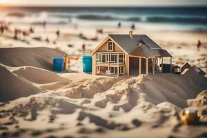 en miniatyr- hus på de strand med en strand hus. ai-genererad foto