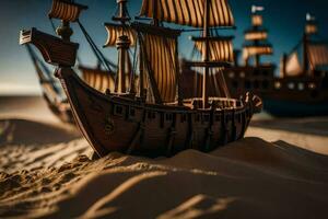 en modell av en pirat fartyg i de sand. ai-genererad foto