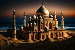 en sand slott är byggd på de strand. ai-genererad foto