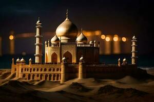 en sand slott är visad i de öken- på natt. ai-genererad foto