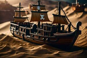en pirat fartyg är i de öken- med en skalle och bones på Det. ai-genererad foto