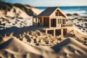 en miniatyr- trä- hus på de strand. ai-genererad foto