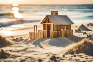 en trä- hus på de strand på solnedgång. ai-genererad foto