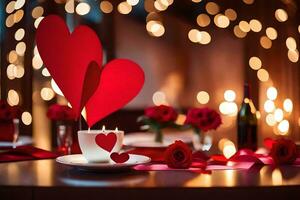 en hjärta formad papper Skära ut är placerad på en tabell med en kopp av kaffe och en röd. ai-genererad foto