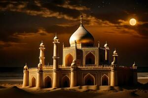 de måne stiger över en sand dyn med en moské i de bakgrund. ai-genererad foto