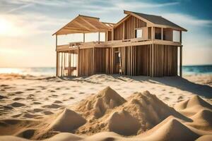 en trä- hus på de strand med sand. ai-genererad foto