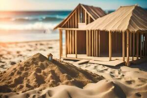 en trä- hus på de strand med sand. ai-genererad foto