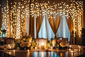 en tabell uppsättning för en bröllop reception med ljus och lampor. ai-genererad foto
