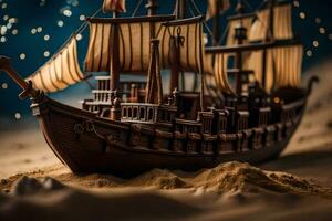 en modell av en pirat fartyg i de sand. ai-genererad foto