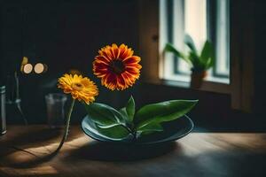 två blommor i en skål på en tabell. ai-genererad foto