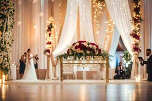 en bröllop ceremoni är uppsättning upp i en stor rum. ai-genererad foto