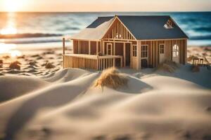 en miniatyr- trä- hus på de strand på solnedgång. ai-genererad foto