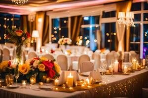 en bröllop reception med ljus och blommor. ai-genererad foto