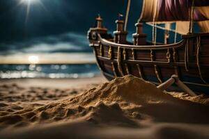 en modell fartyg sitter på de sand på natt. ai-genererad foto