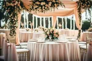 en bröllop reception med rosa och vit blommor. ai-genererad foto