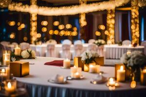 en bröllop reception med ljus och vit bordsdukar. ai-genererad foto
