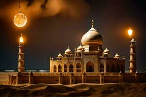 de taj mahal, de måne, och de sand. ai-genererad foto